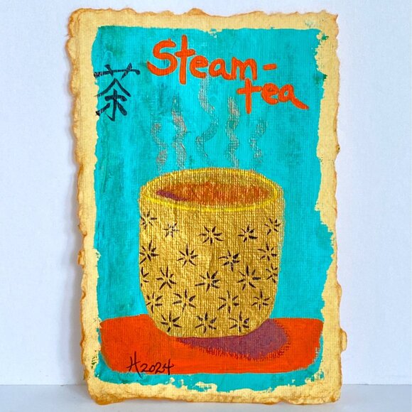 Steam Tea Original Art Acrylic Painting Mixed Media Matted Frame Ready 8x10in - Picture 1 of 6